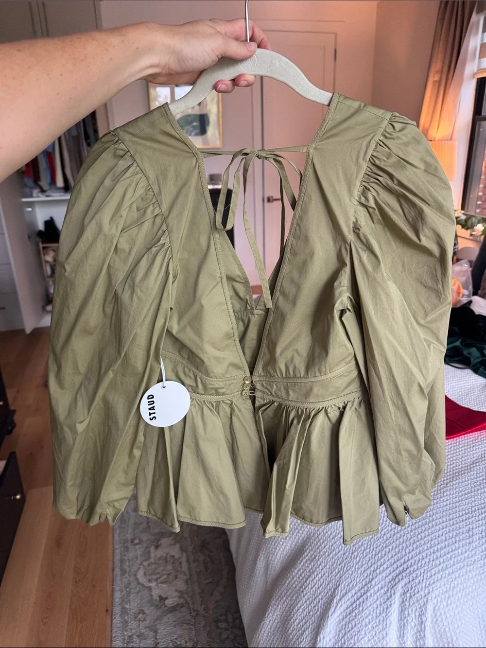 STAUD Olive Green V-Neck Peplum Blouse with Tie-Back